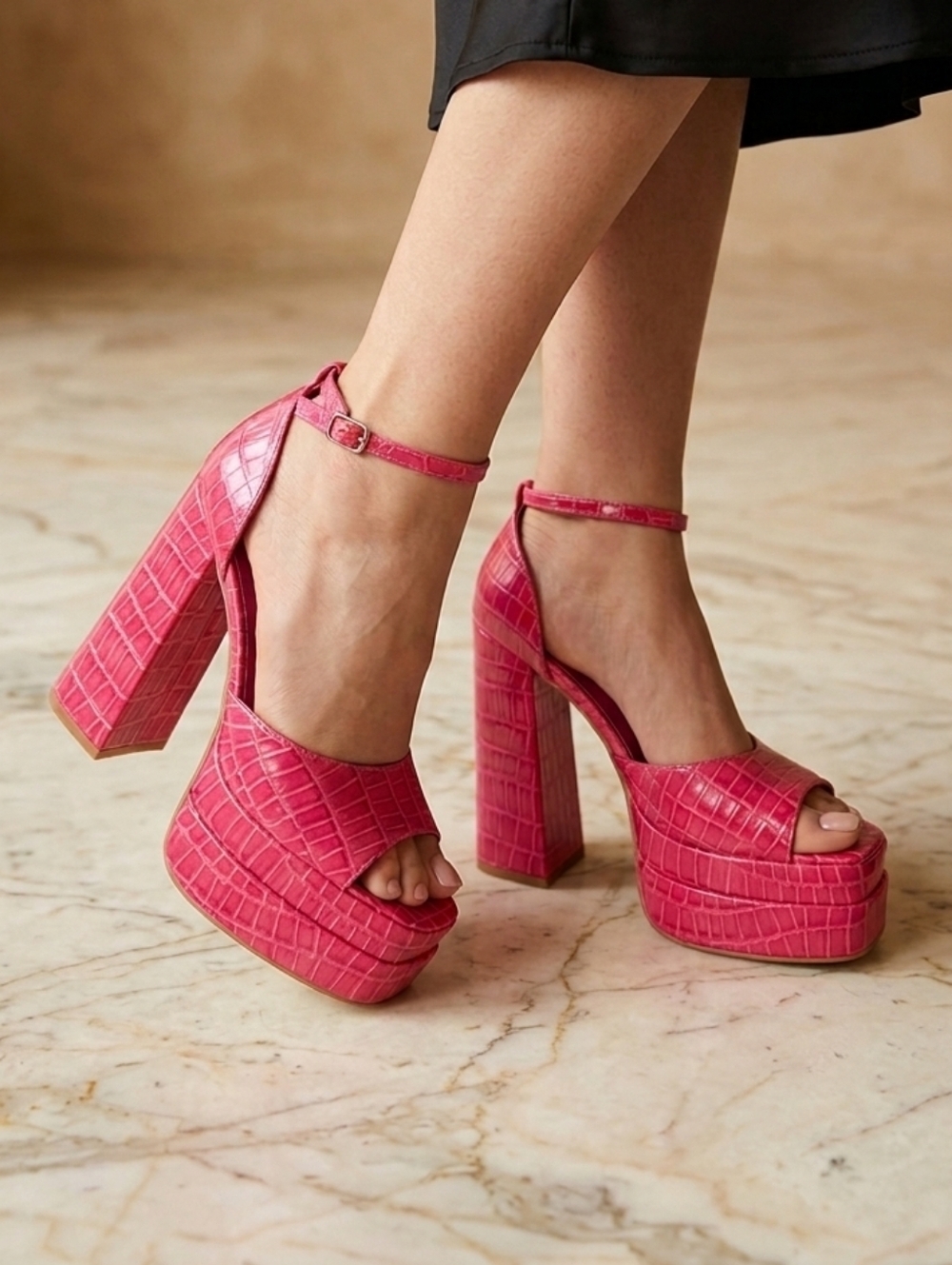 Forever 21 Pink Faux Croc Double Platform Block Heels, Size 7.5 Brand NEW!